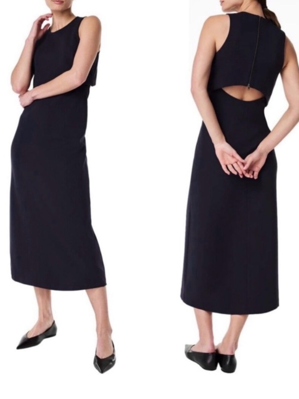 New Spanx Ponte Black Overlay Fitted Midi Cutout Back Dress Size Small